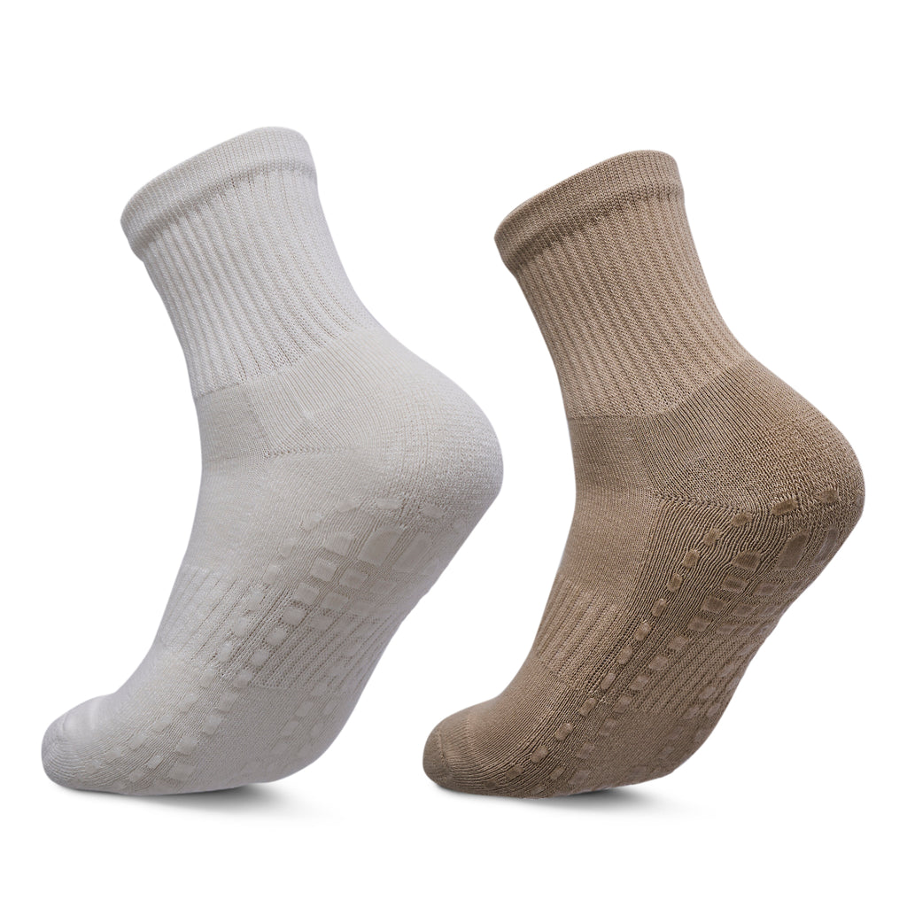 Women Pack Of 2 Yoga & Pilates Grip Silicon Socks Plain Beige - Off White