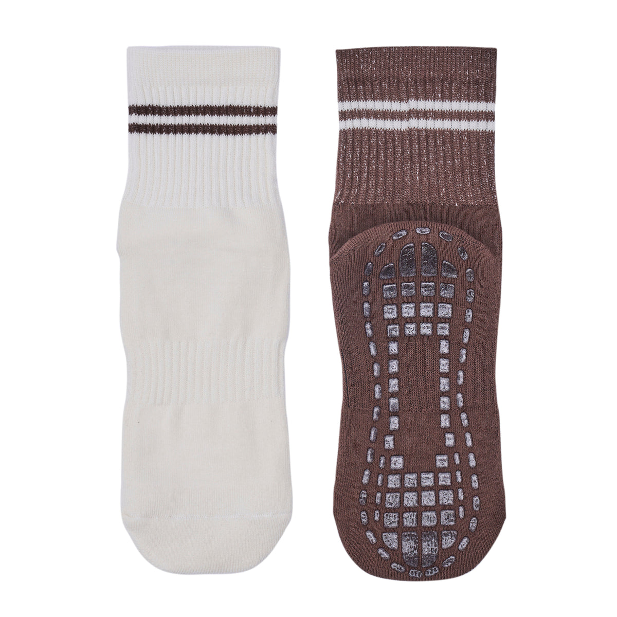 Women Pack Of 2 Yoga & Pilates Grip Silicon Socks Stripped Brown - Off White