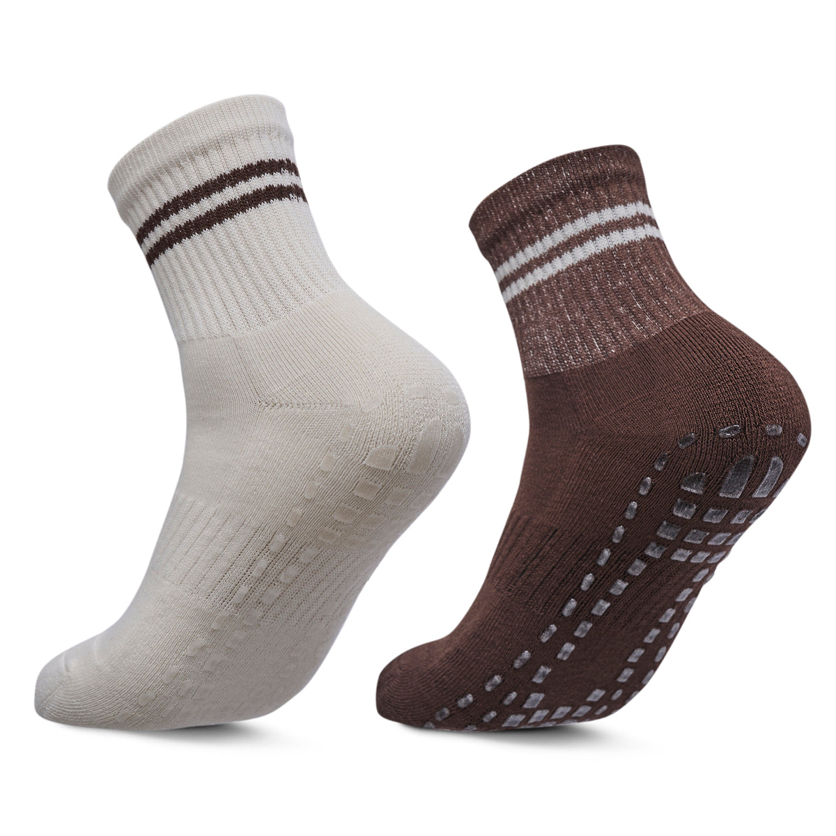Women Pack Of 2 Yoga & Pilates Grip Silicon Socks Stripped Brown - Off White