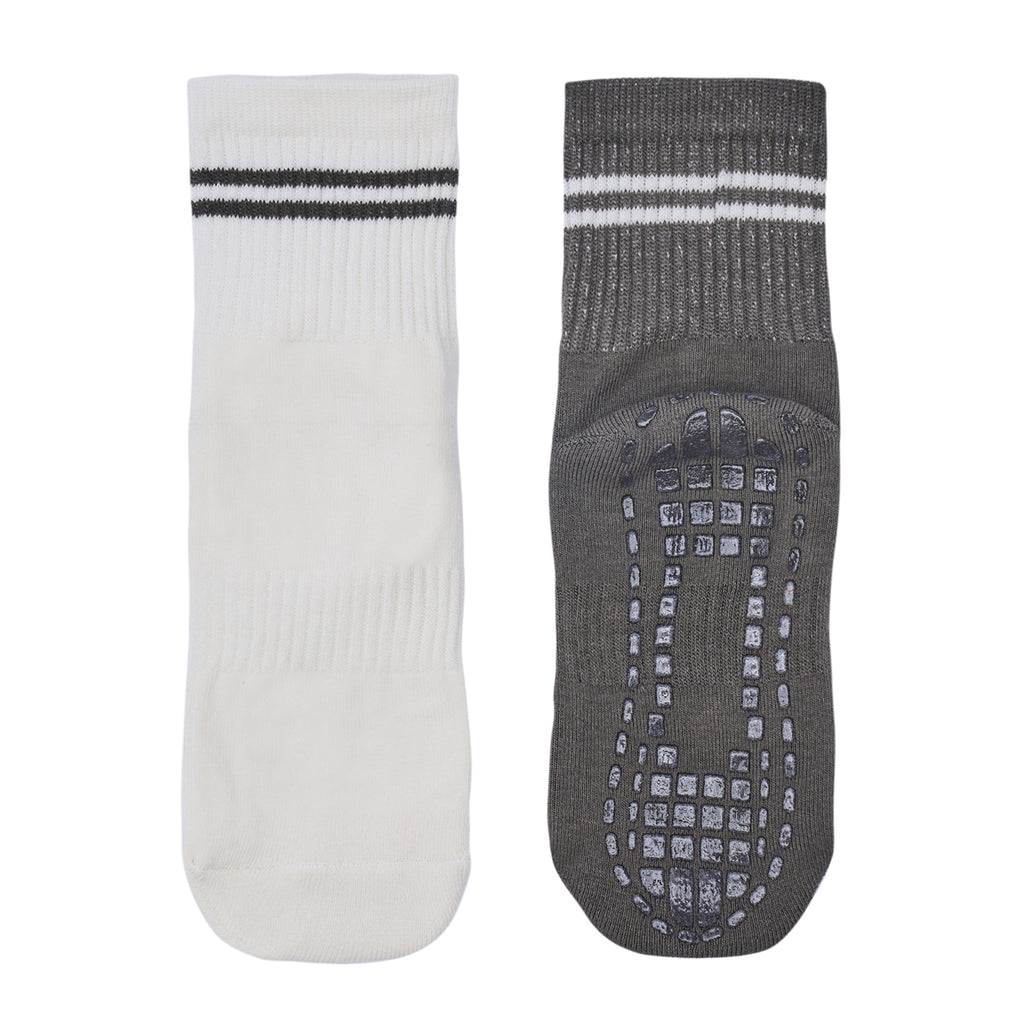 Women Pack Of 2 Yoga & Pilates Grip Silicon Socks Stripped Olive - Off White