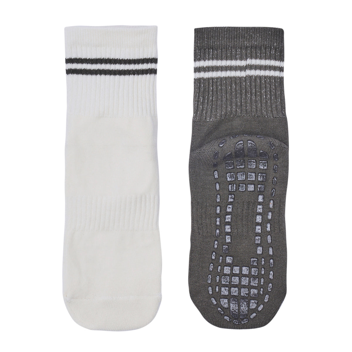 Women Pack Of 2 Yoga & Pilates Grip Silicon Socks Stripped Olive - Off White