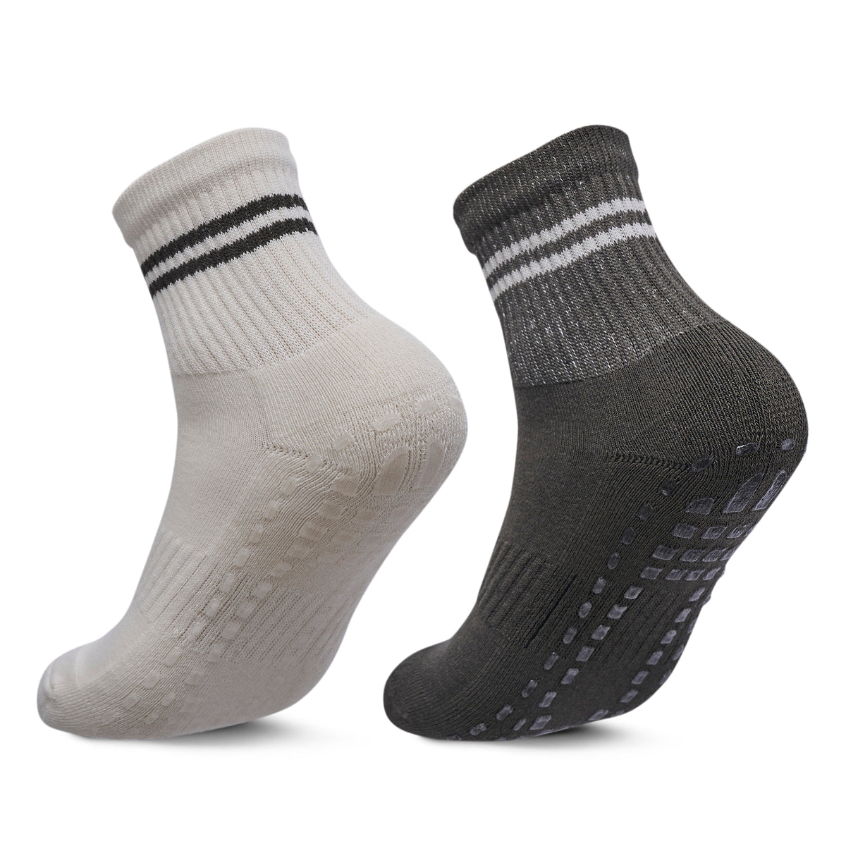 Women Pack Of 2 Yoga & Pilates Grip Silicon Socks Stripped Olive - Off White