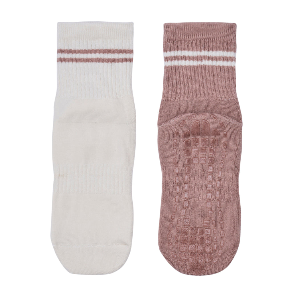 Women Pack Of 2 Yoga & Pilates Grip Silicon Socks Stripped Dark Rose- Off White