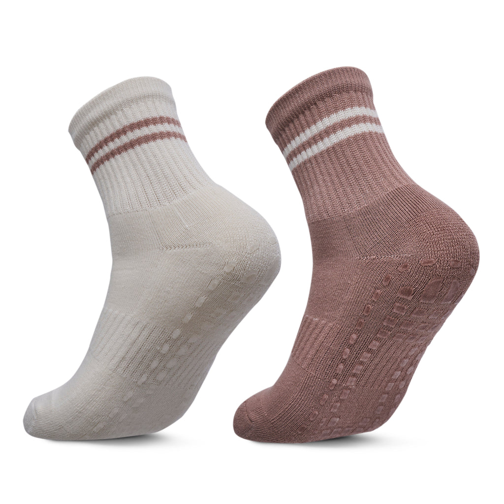 Women Pack Of 2 Yoga & Pilates Grip Silicon Socks Stripped Dark Rose- Off White