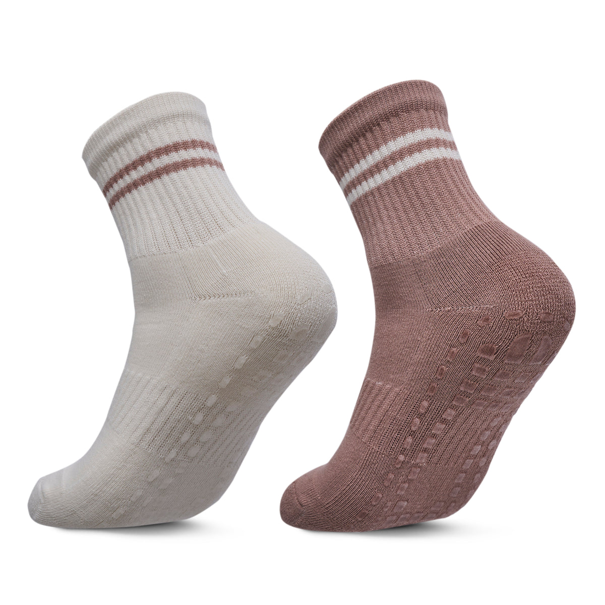 Women Pack Of 2 Yoga & Pilates Grip Silicon Socks Stripped Dark Rose- Off White