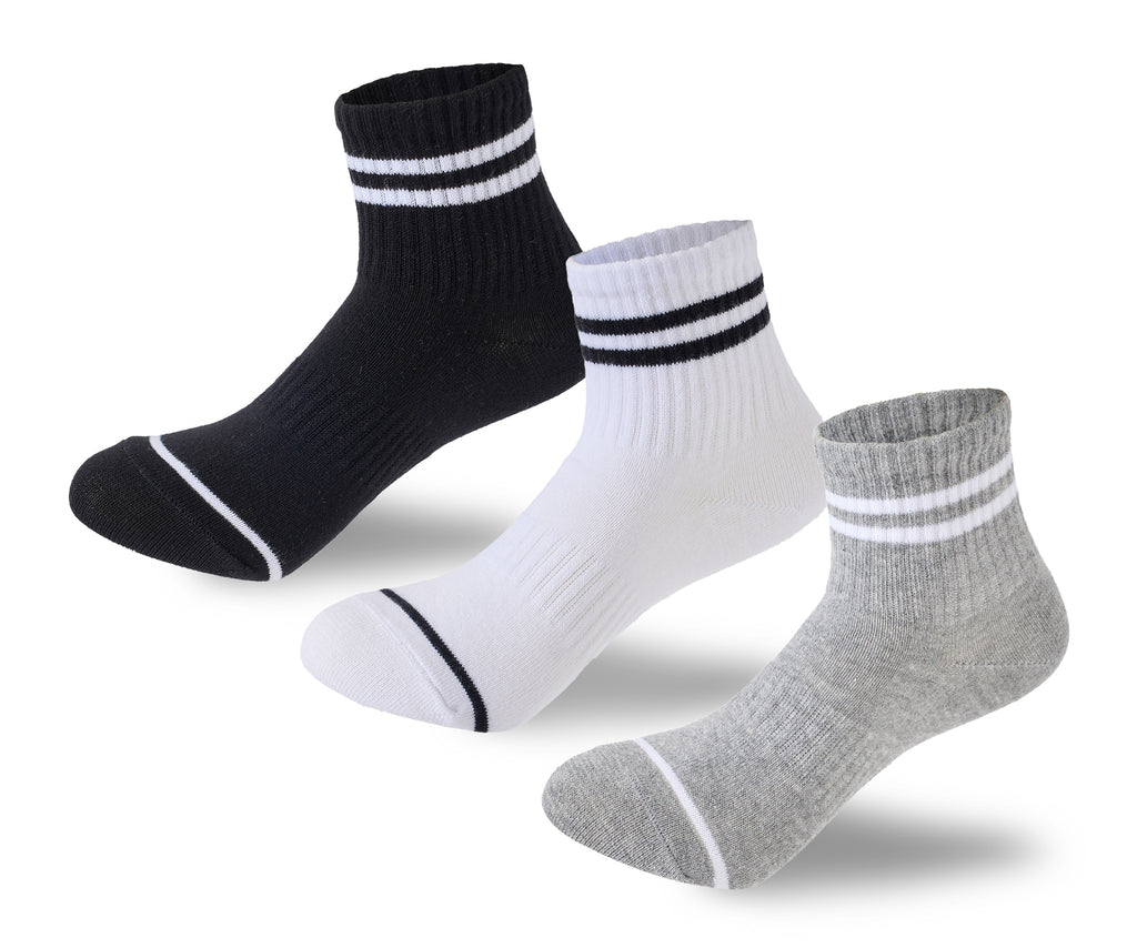 Kids Boys Set Of 3 Cotton Lycra Stripped L-Shape Socks Black-Grey-White – Sam Socks