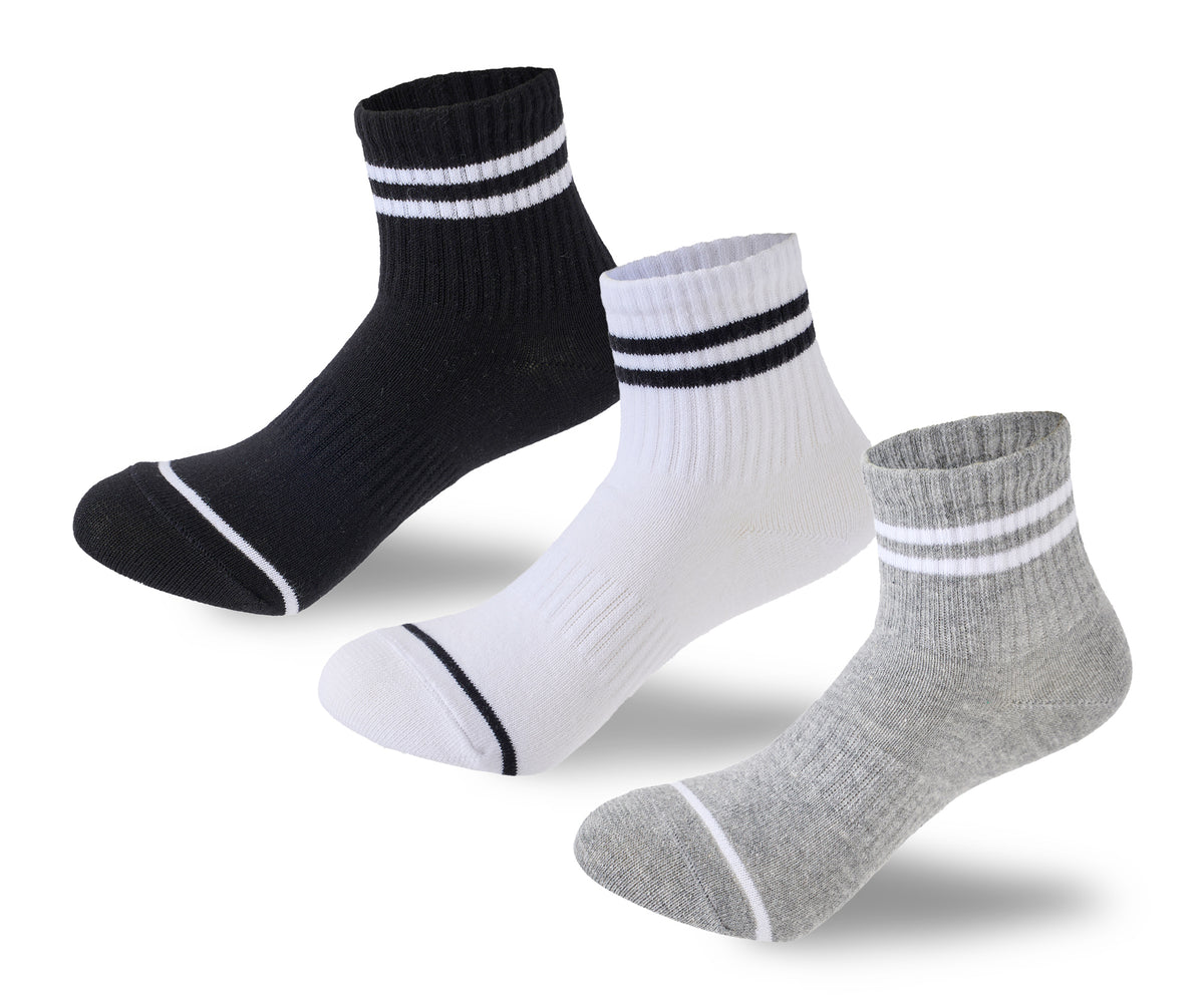 Kids Boys Set Of 3 Cotton Lycra Stripped L-Shape Socks Black-Grey-White – Sam Socks