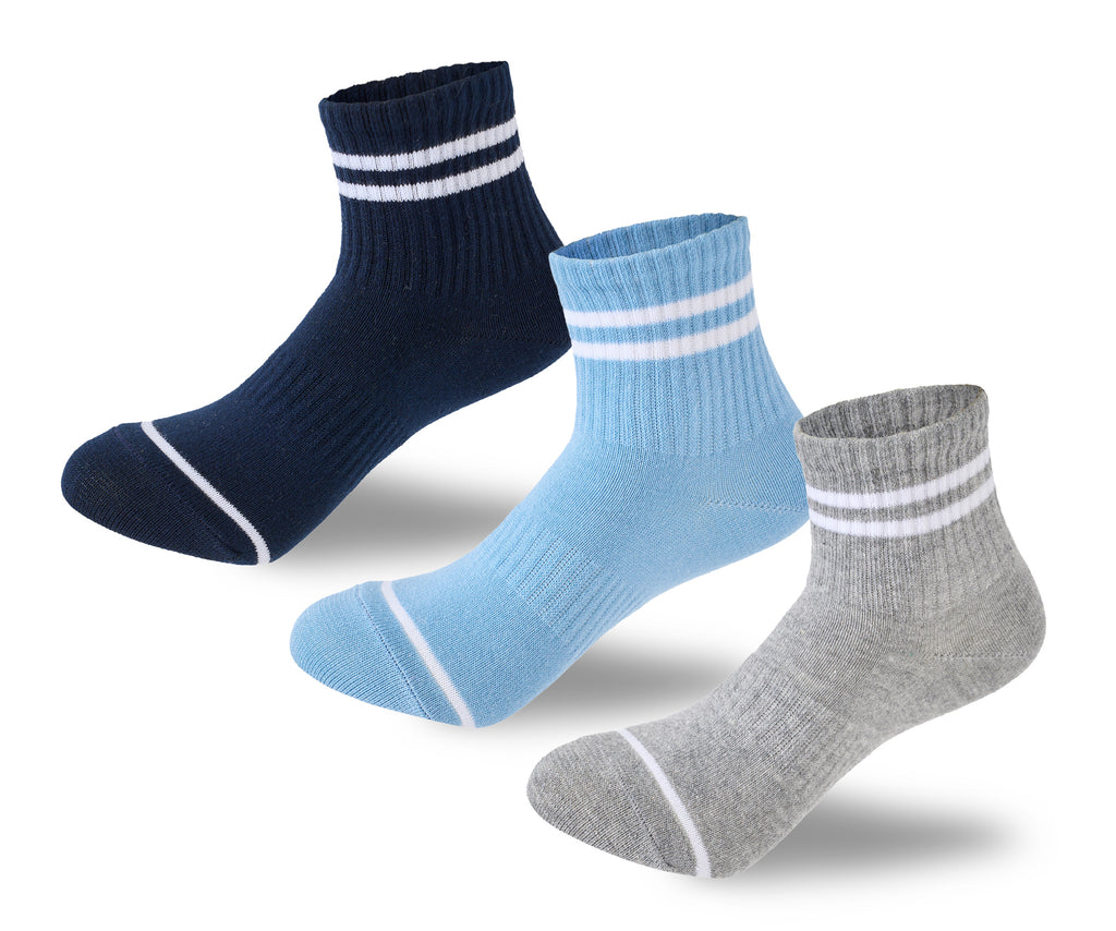 Kids Boys Set Of 3 Cotton Lycra Stripped L-Shape Socks Grey-Blue-Navy – Sam Socks
