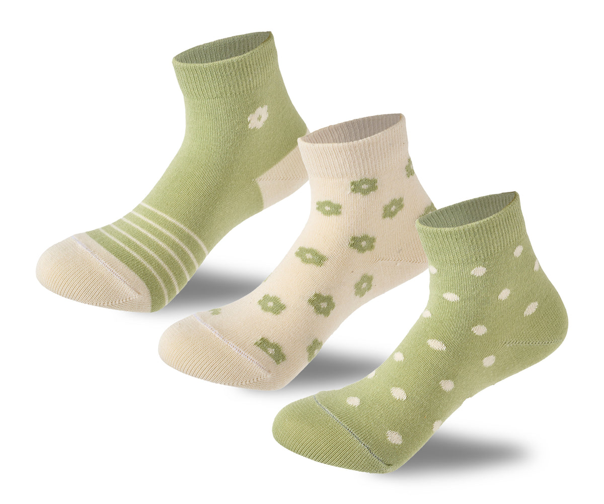 Kids Girls Set Of 3 Cotton Lycra Flower L-Shape Socks Green -Off White – Sam Socks