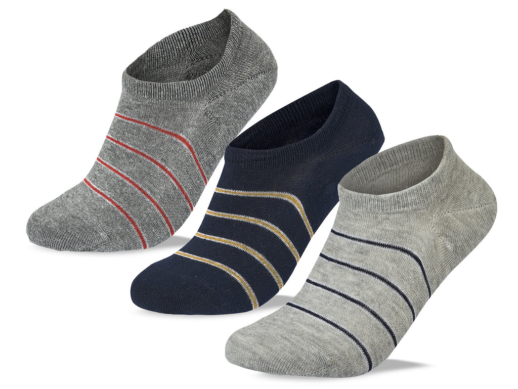 Men Set of 3 No Show Socks Striped Draw 2 L.Grey- Blue- D.Grey – Sam Socks